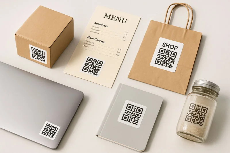 Наклейки з QR-кодом на упаковці, меню, сумці та ноутбуці